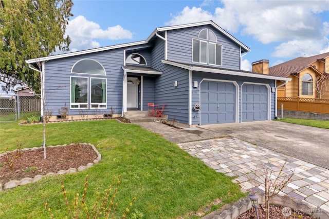 view of front of property with aphalt driveway, an attached garage, a front yard, and fence