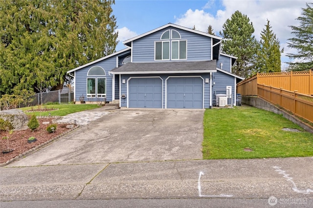 view of front of home featuring fence, roof with shingles, concrete driveway, an attached garage, and a front yard