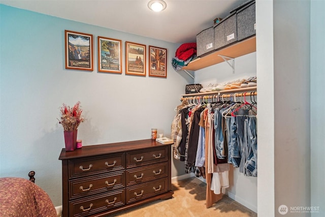walk in closet with light colored carpet