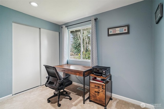 office featuring carpet floors, baseboards, and recessed lighting