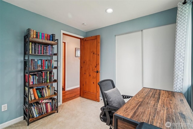 office with carpet, baseboards, and recessed lighting
