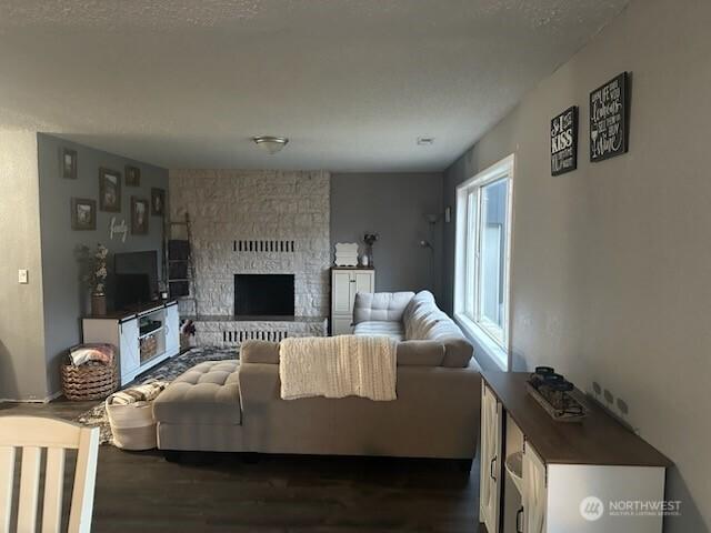 310 Kosmos Ln, Morton, WA 98356 - living area with dark wood finished floors and a large fireplace