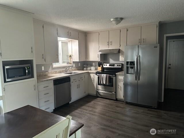 310 Kosmos Ln, Morton, WA 98356 - kitchen with under cabinet range hood, a sink, a textured ceiling, appliances with stainless steel finishes, and dark wood-style flooring