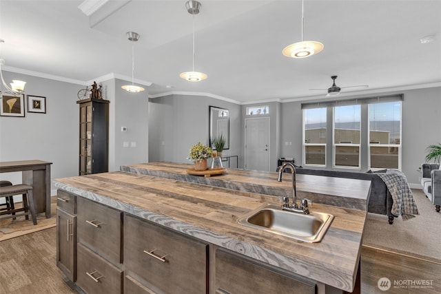 404 Airport Way SW, Mattawa, WA 99349 - kitchen with crown molding, ceiling fan, wood finished floors, hanging light fixtures, and a sink