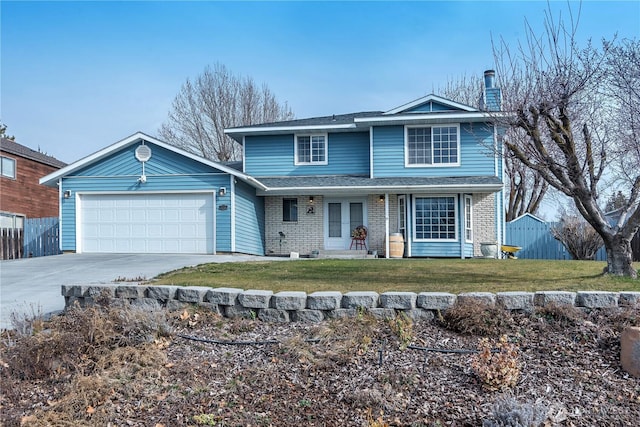 traditional-style home featuring a front lawn, fence, a porch, concrete driveway, and an attached garage