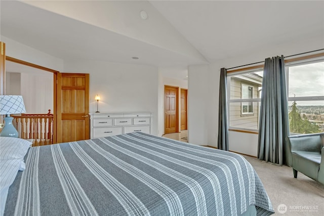 bedroom featuring vaulted ceiling and light carpet