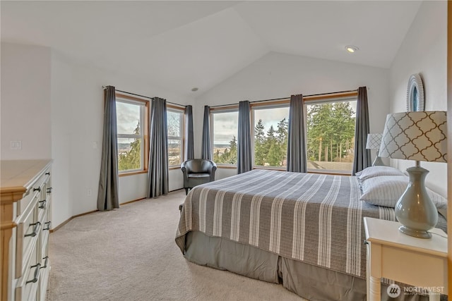 bedroom featuring baseboards, lofted ceiling, and light colored carpet