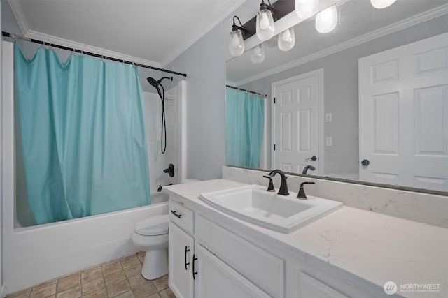 full bathroom featuring vanity, crown molding, toilet, and shower / bath combo