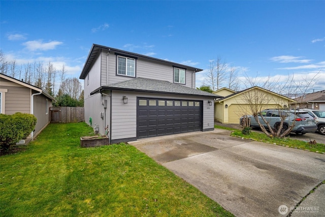 view of front of property featuring a front yard, fence, driveway, and roof with shingles