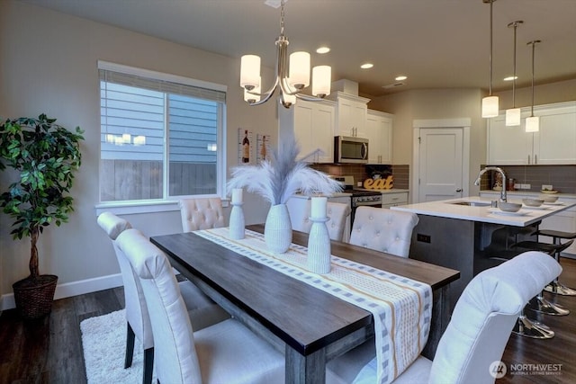 12225 SE 271st Pl, Kent, WA 98030 - dining area featuring dark wood-type flooring, baseboards, a chandelier, and recessed lighting