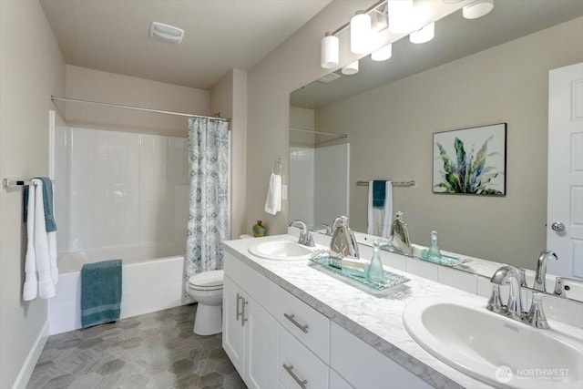 12225 SE 271st Pl, Kent, WA 98030 - bathroom featuring double vanity, toilet, a sink, and shower / bath combo with shower curtain