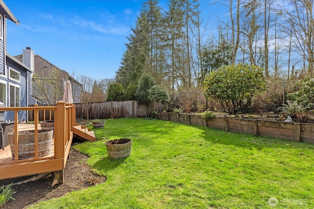 view of yard featuring a fenced backyard and a deck