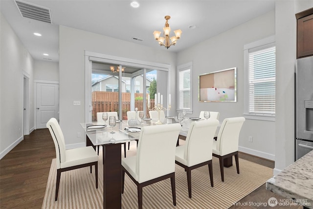 3727 Oakwood St SE, Olympia, WA 98513 - dining space with a chandelier, plenty of natural light, dark wood-type flooring, and recessed lighting