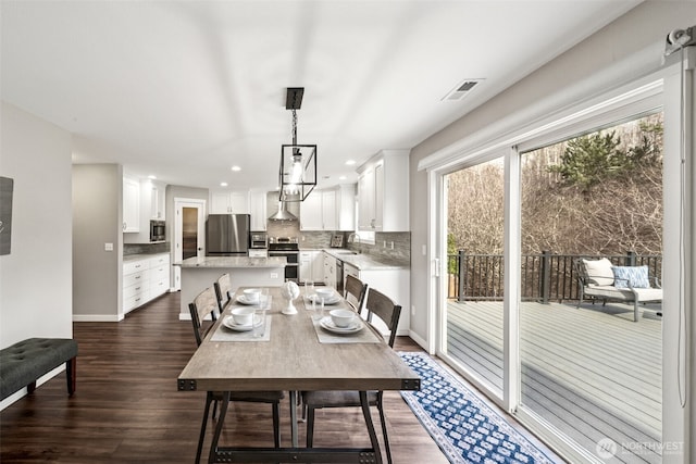dining space with visible vents, recessed lighting, dark wood-type flooring, and baseboards