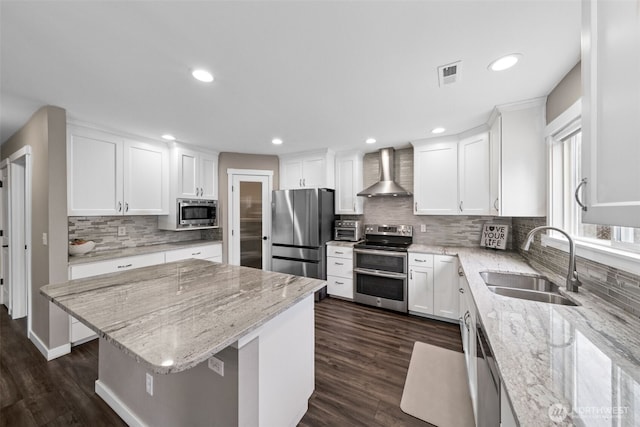 kitchen with visible vents, a kitchen island, wall chimney range hood, appliances with stainless steel finishes, and a sink