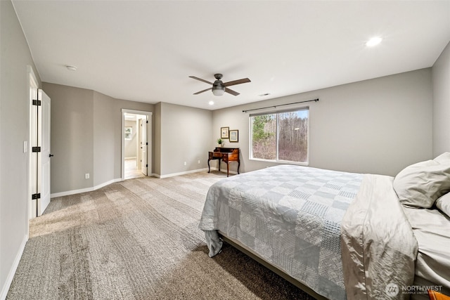 bedroom featuring light carpet, recessed lighting, a ceiling fan, and baseboards
