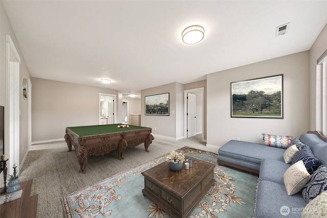 game room featuring visible vents, baseboards, billiards, and carpet