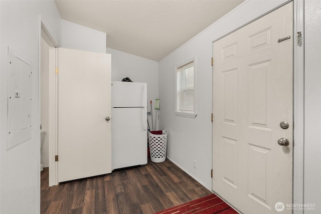 kitchen with dark wood finished floors, electric panel, freestanding refrigerator, and a textured ceiling