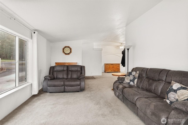 carpeted living area with a healthy amount of sunlight and a ceiling fan