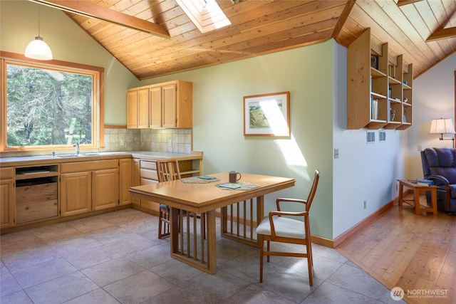 631 Cousins Rd, Lopez Island, WA 98261 - kitchen featuring light brown cabinetry, decorative backsplash, wood ceiling, and a sink