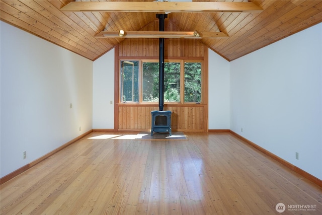 631 Cousins Rd, Lopez Island, WA 98261 - bonus room with vaulted ceiling with beams, baseboards, wooden ceiling, a wood stove, and wood-type flooring