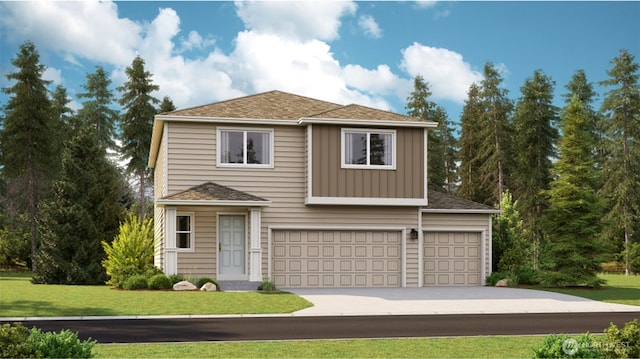 traditional-style home featuring a garage, board and batten siding, concrete driveway, and a front yard