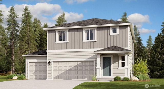 traditional-style home with a garage, board and batten siding, driveway, and roof with shingles