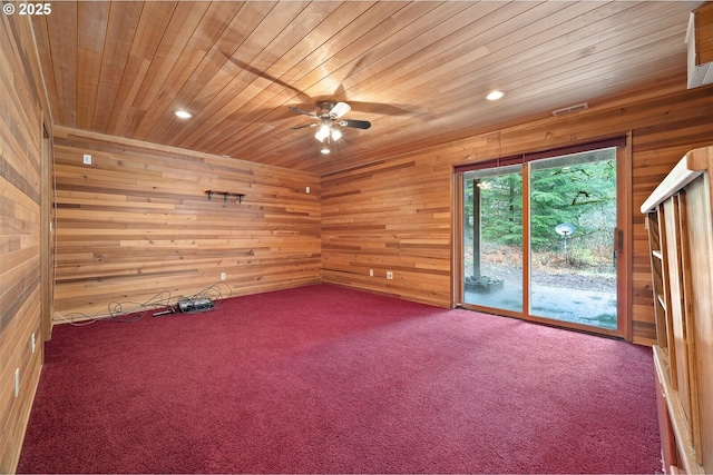 1261 Mathews Rd, Washougal, WA 98671 - unfurnished room with wooden walls, a ceiling fan, wooden ceiling, recessed lighting, and carpet