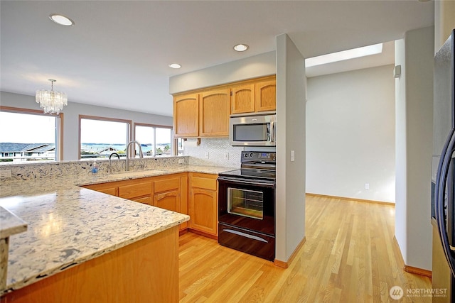 kitchen featuring stainless steel microwave, light wood-type flooring, electric range, and a sink