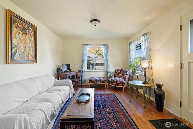 living area with hardwood / wood-style floors