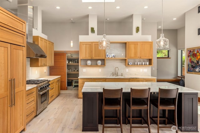 11012 Skinner Rd NE, Bainbridge Island, WA 98110 - kitchen featuring high end stainless steel range, open shelves, decorative backsplash, light wood finished floors, and recessed lighting