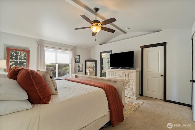 bedroom featuring light carpet, lofted ceiling with beams, and a ceiling fan