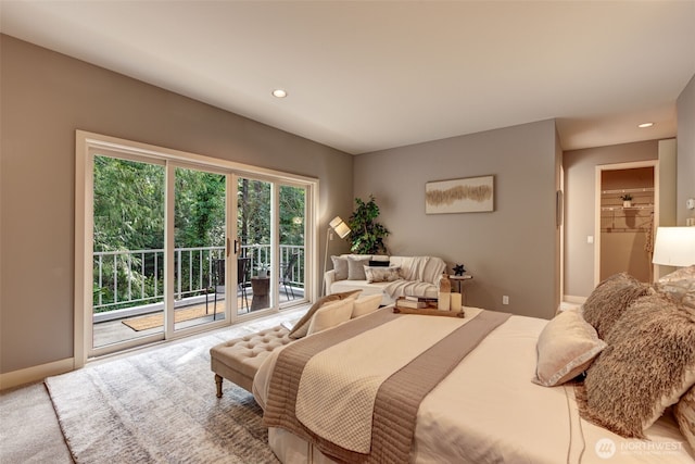 carpeted bedroom with access to exterior, recessed lighting, and baseboards