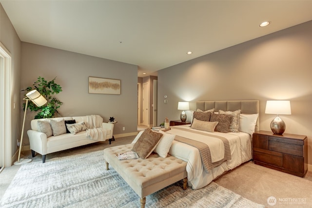 bedroom with recessed lighting, baseboards, and light colored carpet