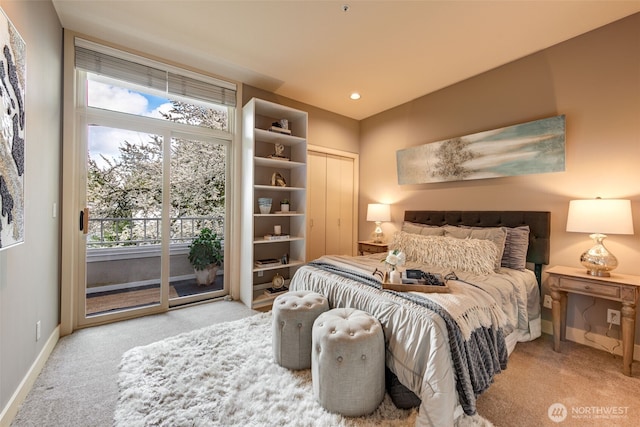carpeted bedroom with access to exterior, recessed lighting, and baseboards