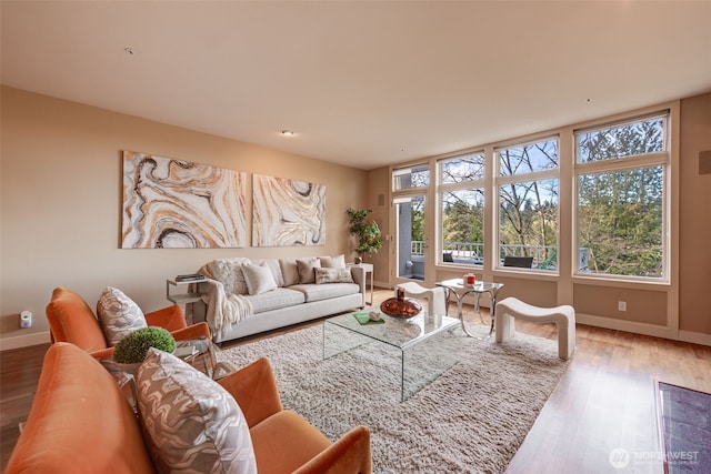 living area featuring baseboards and wood finished floors