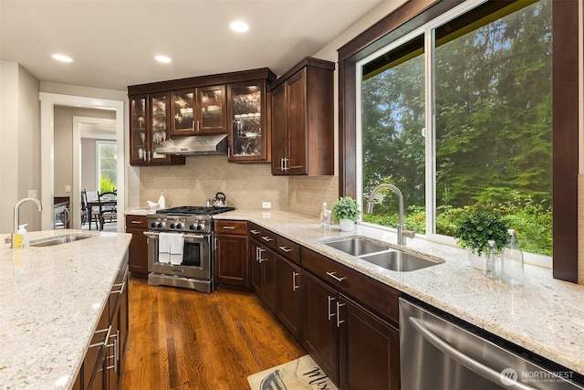 kitchen featuring a sink, appliances with stainless steel finishes, dark wood-style floors, and under cabinet range hood