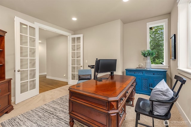 carpeted office featuring recessed lighting, french doors, and baseboards