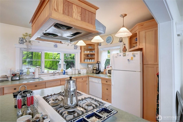 kitchen featuring light brown cabinets, open shelves, island exhaust hood, white appliances, and a sink