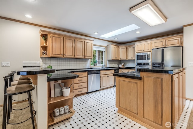 kitchen featuring a peninsula, a kitchen bar, stainless steel appliances, light floors, and open shelves