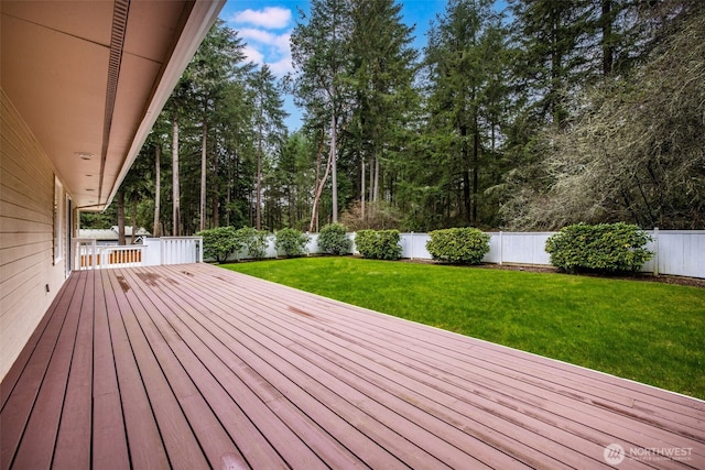 deck featuring a fenced backyard and a yard