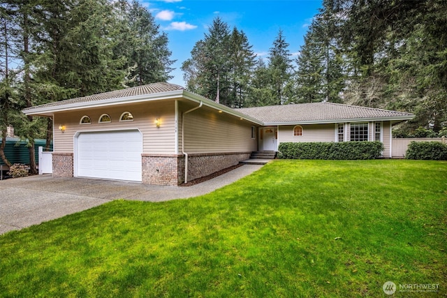 single story home with a front yard, concrete driveway, brick siding, entry steps, and a garage