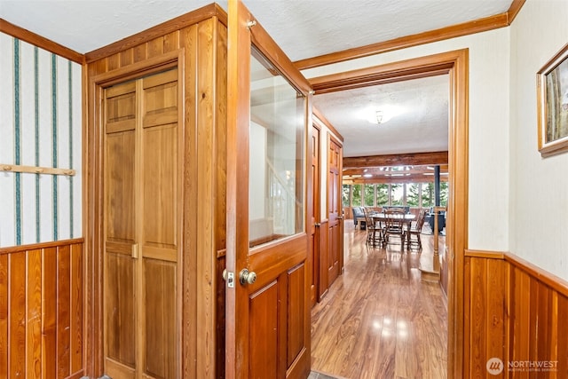 corridor with a wainscoted wall, wood finished floors, and a textured ceiling
