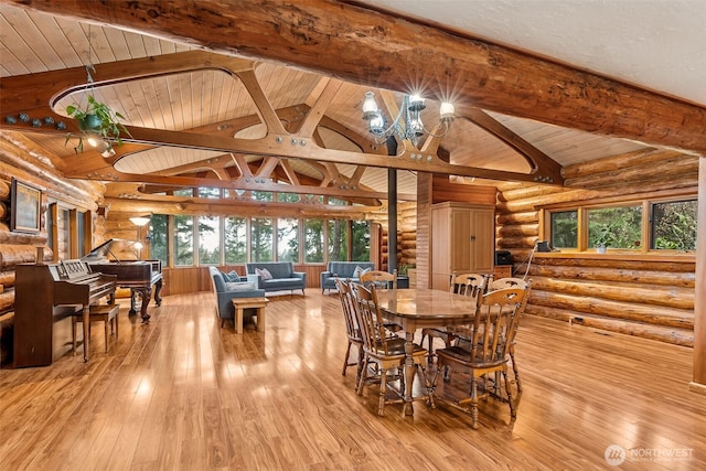 dining area with high vaulted ceiling, light wood-style flooring, beam ceiling, and wood ceiling