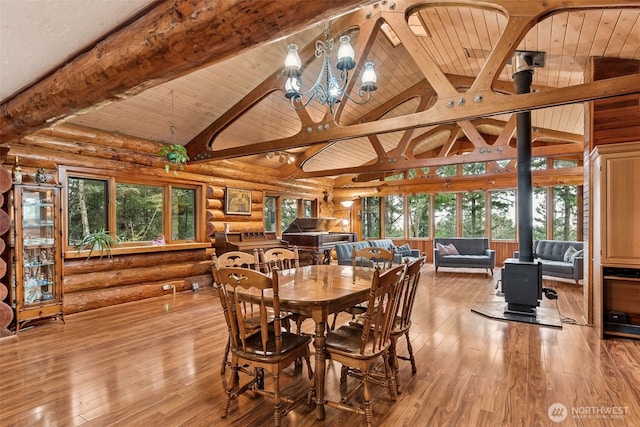 dining space featuring high vaulted ceiling, a wood stove, beamed ceiling, and light wood finished floors