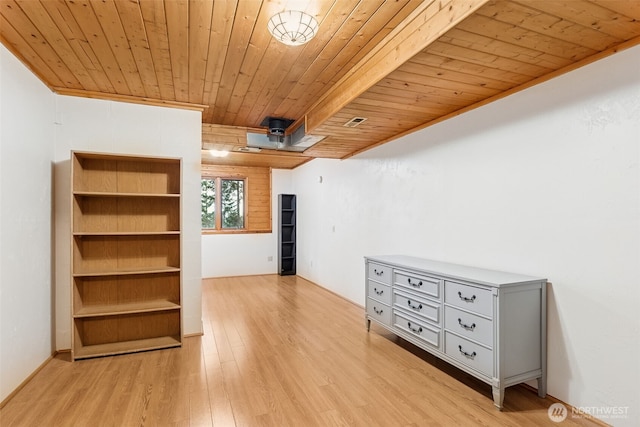 interior space featuring visible vents, light wood-style flooring, and wooden ceiling