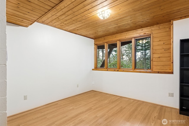 empty room with wood ceiling and wood finished floors