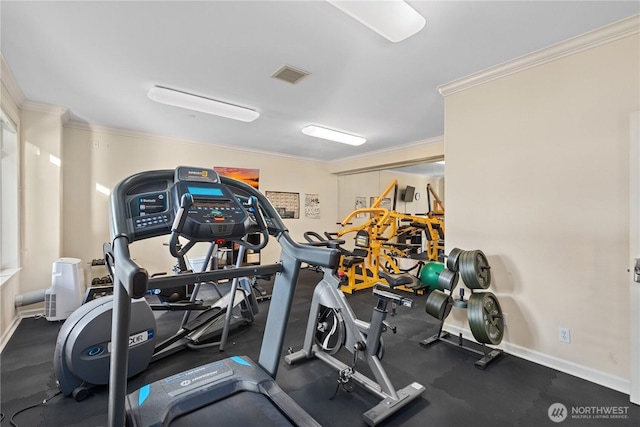 workout area with visible vents, baseboards, and crown molding