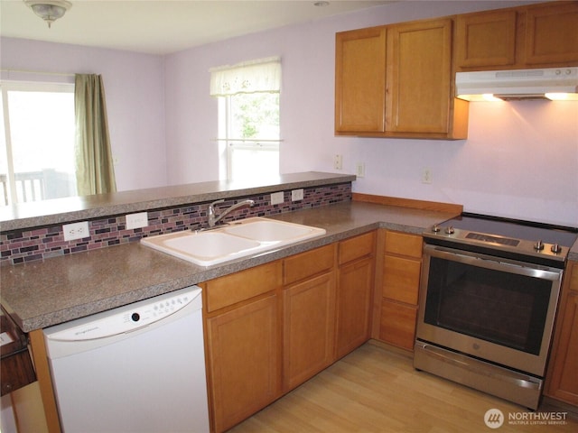 kitchen with stainless steel electric range, under cabinet range hood, a sink, a peninsula, and white dishwasher