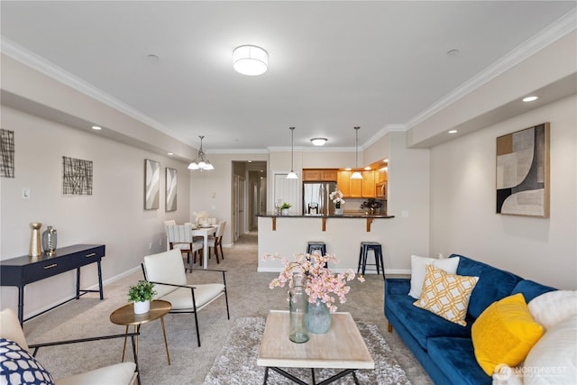 living area with recessed lighting, light colored carpet, baseboards, and ornamental molding